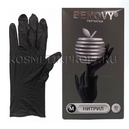 Перчатки нитриловые черные M Benovy  (50 пар) 3,0гр
